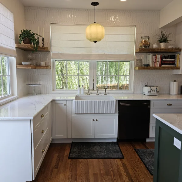 Green Kitchen - farmhouse sink and counters
